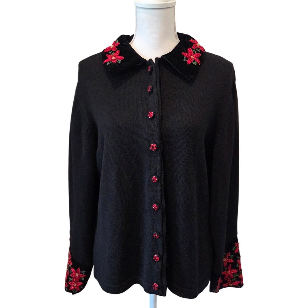 Vintage Black Cardigan Red Floral Sequin Embroidered Velvet Collar Large